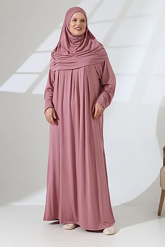 Tek Parça Pratik Başörtülü Robalı Namaz Elbisesi 8015 Pudra 