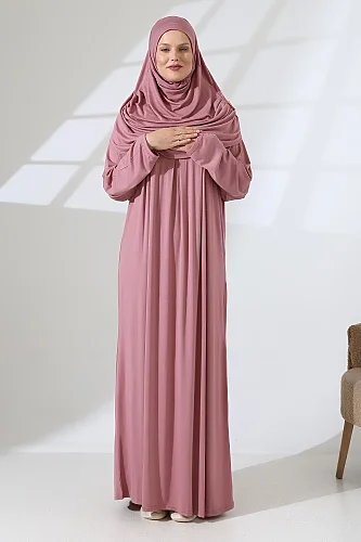 Tek Parça Pratik Başörtülü Robalı Namaz Elbisesi 8015 Pudra - 4