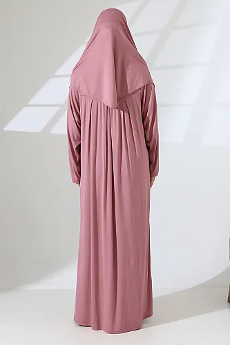 Tek Parça Pratik Başörtülü Robalı Namaz Elbisesi 8015 Pudra - 8