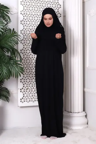 Tek Parça Pratik Başörtülü Robalı Namaz Elbisesi 8015 Siyah - ihvanonline (1)