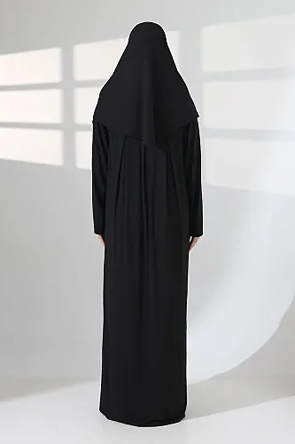 Tek Parça Pratik Başörtülü Robalı Namaz Elbisesi 8015 Siyah - 8