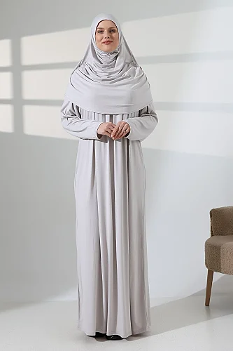 Tek Parça Pratik Başörtülü Robalı Namaz Elbisesi 8015 Taş Rengi 