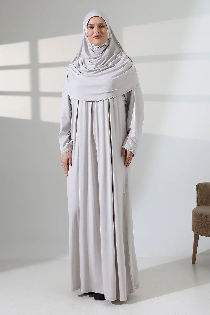 Tek Parça Pratik Başörtülü Robalı Namaz Elbisesi 8015 Taş Rengi - 4