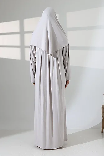 Tek Parça Pratik Başörtülü Robalı Namaz Elbisesi 8015 Taş Rengi - 8