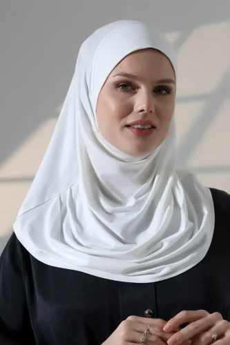 Tek Parça Pratik Namaz Başörtüsü, Hazır Geçmeli Tesettür Şal - Beyaz - 3