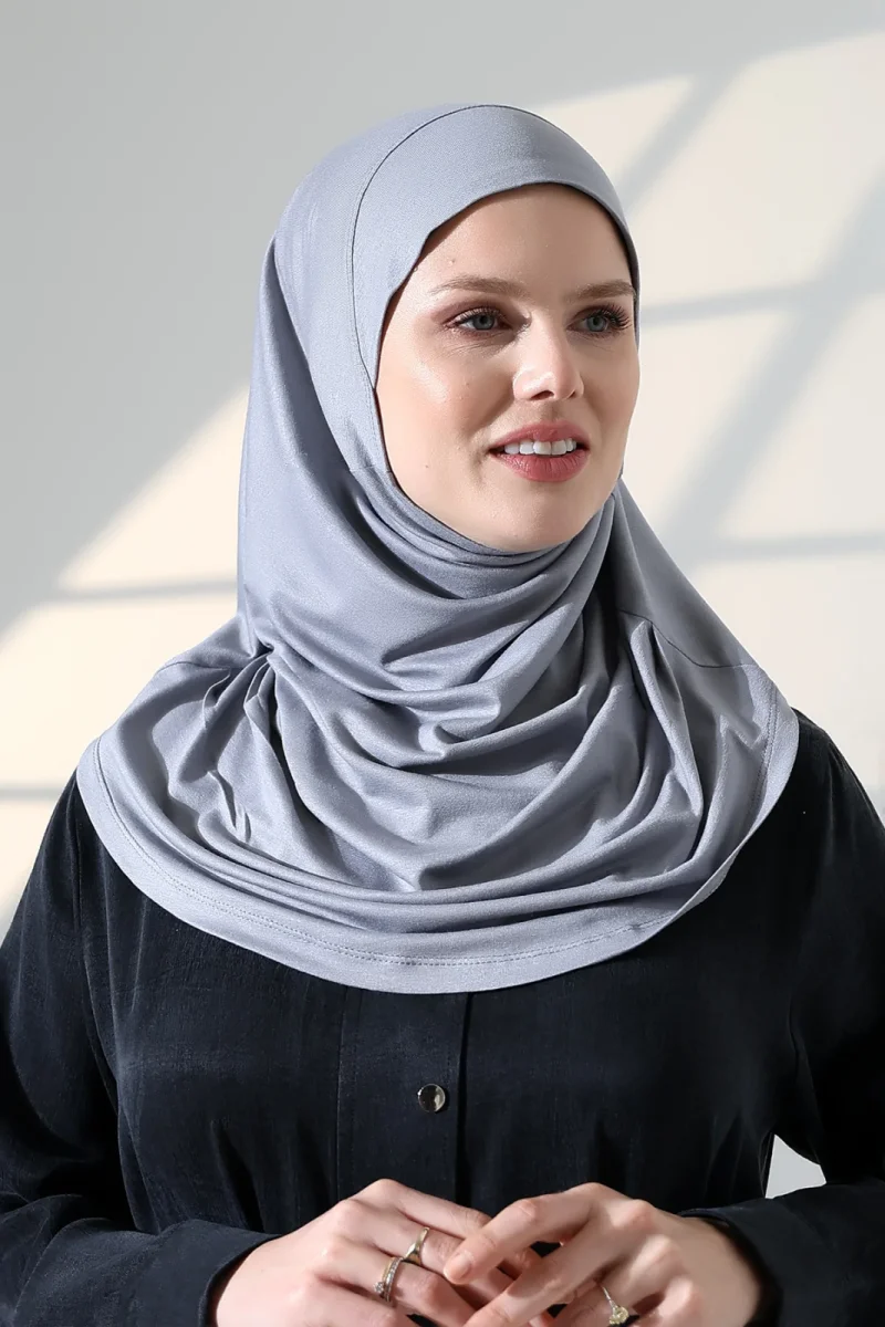 Tek Parça Pratik Namaz Başörtüsü, Hazır Geçmeli Tesettür Şal - Gri - 2