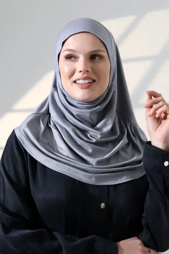 Tek Parça Pratik Namaz Başörtüsü, Hazır Geçmeli Tesettür Şal - Gri - 3