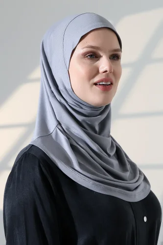 Tek Parça Pratik Namaz Başörtüsü, Hazır Geçmeli Tesettür Şal - Gri - 6