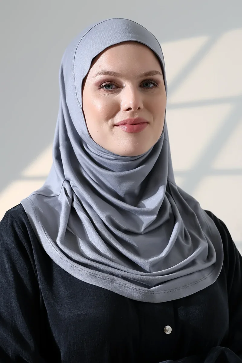 Tek Parça Pratik Namaz Başörtüsü, Hazır Geçmeli Tesettür Şal - Gri - 7