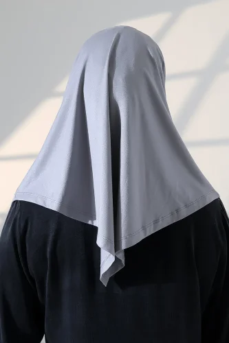 Tek Parça Pratik Namaz Başörtüsü, Hazır Geçmeli Tesettür Şal - Gri - 8