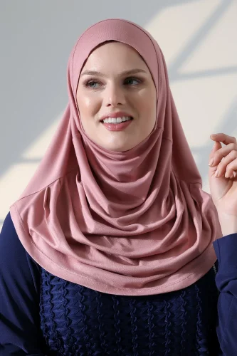 Tek Parça Pratik Namaz Başörtüsü, Hazır Geçmeli Tesettür Şal - Pembe - 2