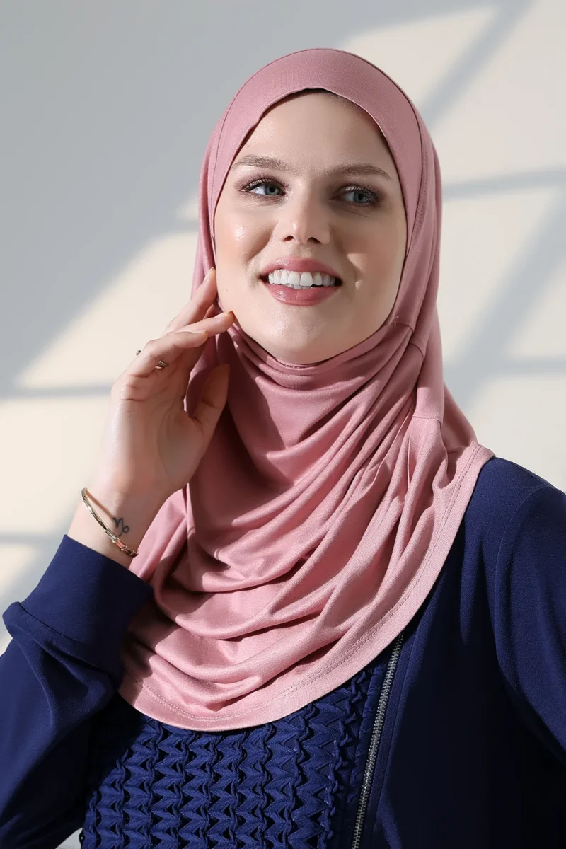 Tek Parça Pratik Namaz Başörtüsü, Hazır Geçmeli Tesettür Şal - Pembe - 3
