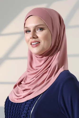 Tek Parça Pratik Namaz Başörtüsü, Hazır Geçmeli Tesettür Şal - Pembe - 4