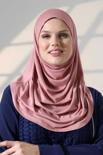 Tek Parça Pratik Namaz Başörtüsü, Hazır Geçmeli Tesettür Şal - Pembe - 6