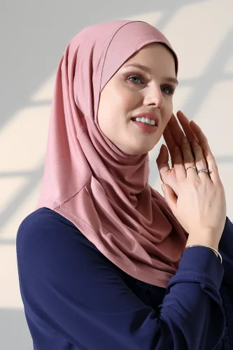 Tek Parça Pratik Namaz Başörtüsü, Hazır Geçmeli Tesettür Şal - Pembe - 7