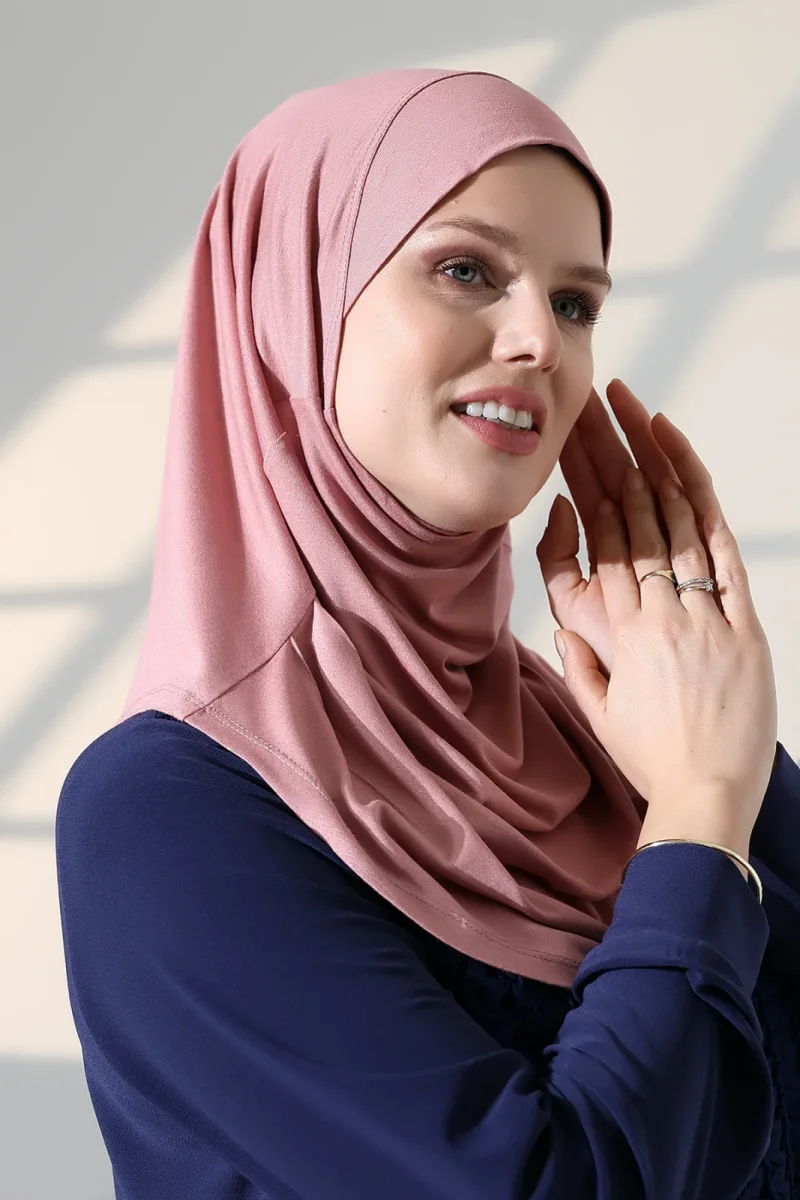 Tek Parça Pratik Namaz Başörtüsü, Hazır Geçmeli Tesettür Şal - Pembe - 7