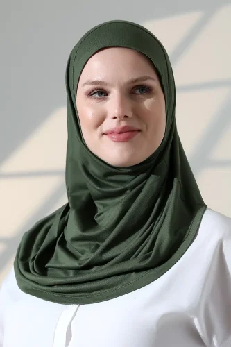 Tek Parça Pratik Namaz Başörtüsü, Hazır Geçmeli Tesettür Şal - Yeşil - 2