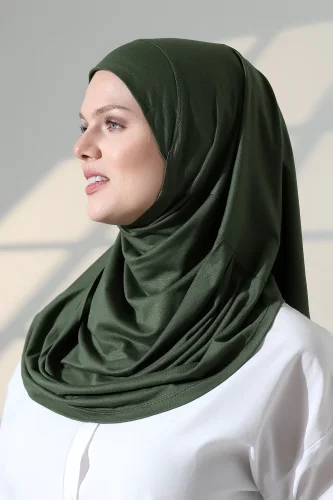 Tek Parça Pratik Namaz Başörtüsü, Hazır Geçmeli Tesettür Şal - Yeşil - 3