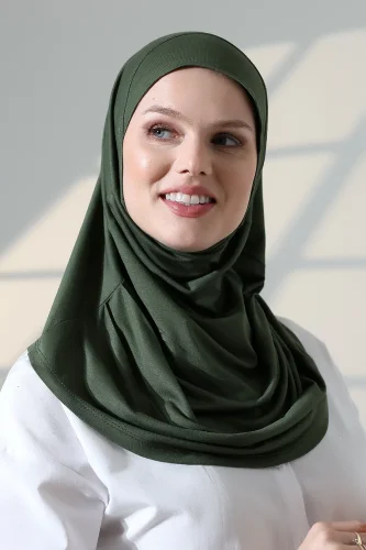 Tek Parça Pratik Namaz Başörtüsü, Hazır Geçmeli Tesettür Şal - Yeşil - 5