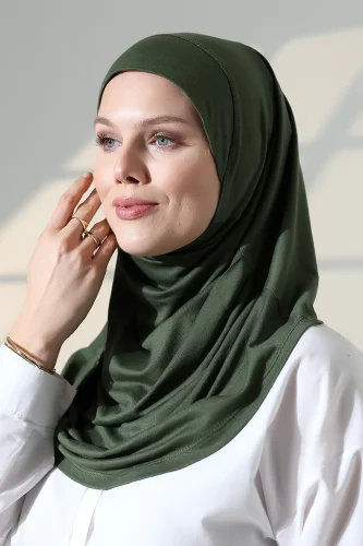 Tek Parça Pratik Namaz Başörtüsü, Hazır Geçmeli Tesettür Şal - Yeşil - 7