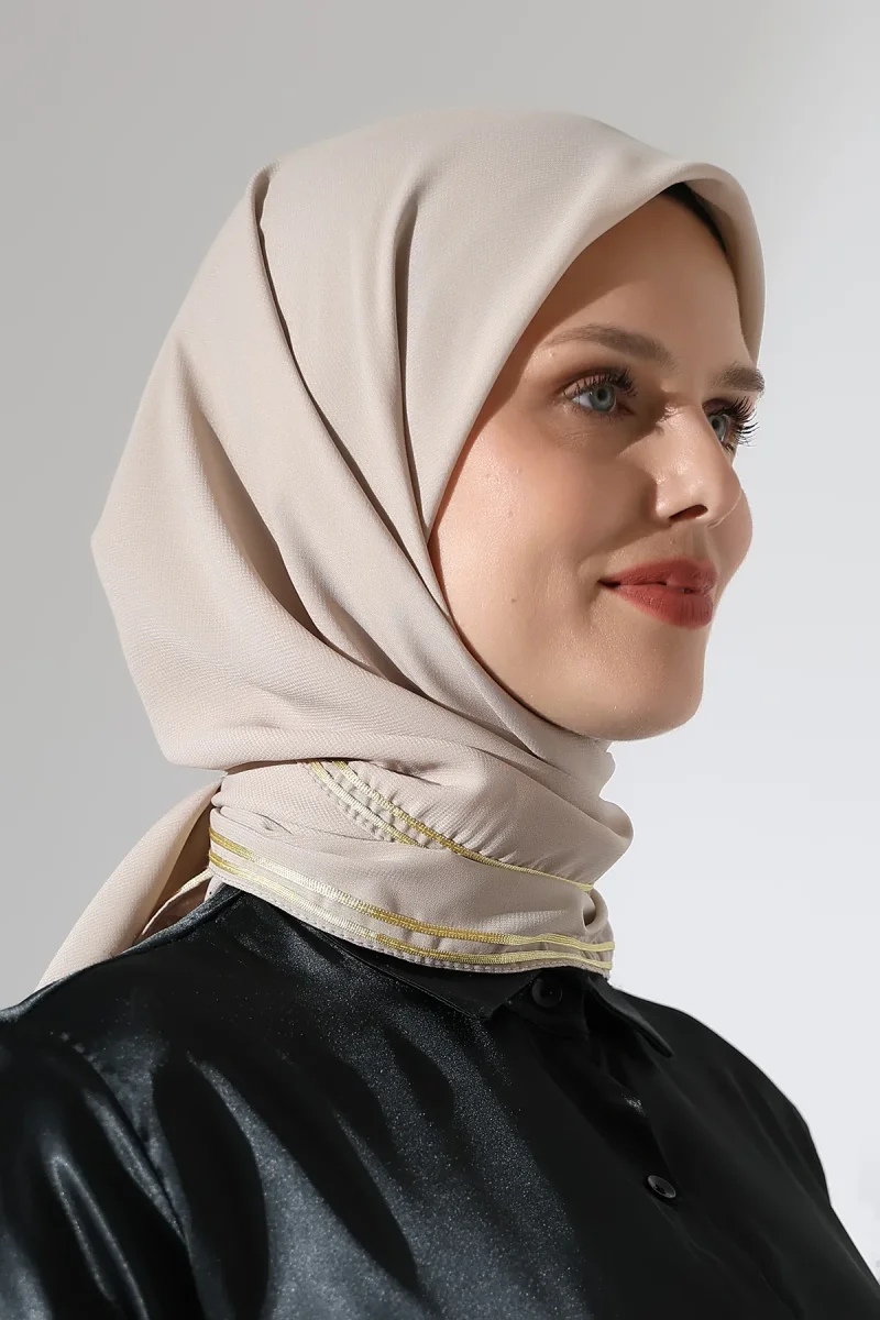 Tesettür Biyeli Bürümcük Düz Şifon Eşarp - Bej - 2