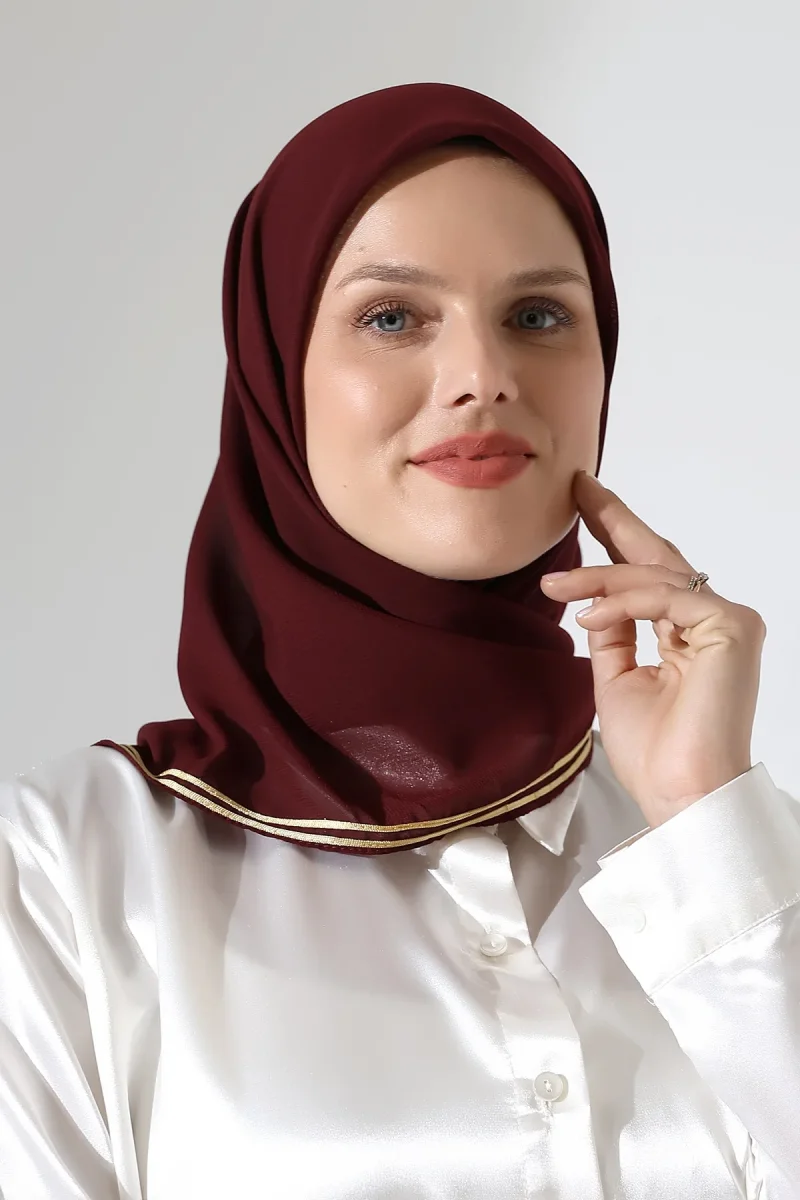 Tesettür Biyeli Bürümcük Düz Şifon Eşarp - Bordo - 6