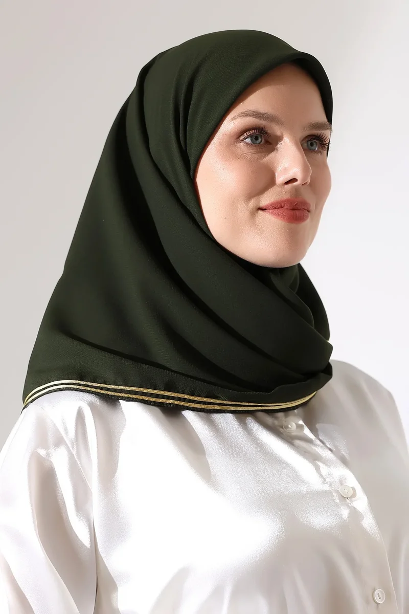 Tesettür Biyeli Bürümcük Düz Şifon Eşarp - Haki Yeşil - 1