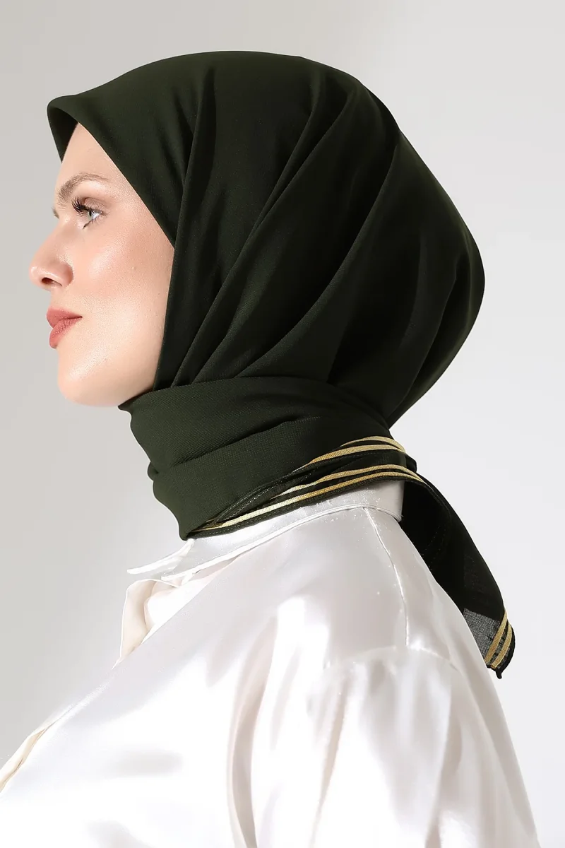 Tesettür Biyeli Bürümcük Düz Şifon Eşarp - Haki Yeşil - 3