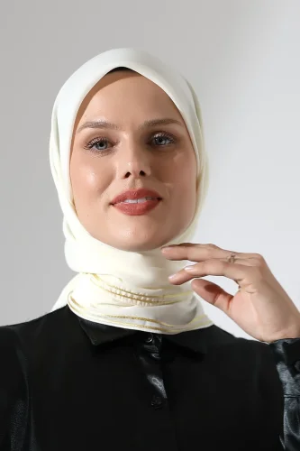 Tesettür Biyeli Bürümcük Düz Şifon Eşarp - Krem - 2