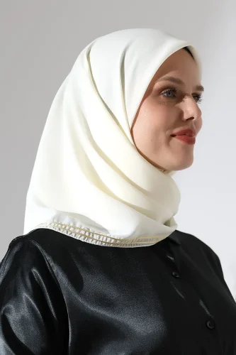 Tesettür Biyeli Bürümcük Düz Şifon Eşarp - Krem - 3