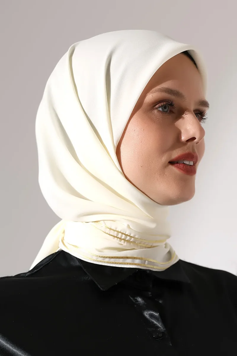 Tesettür Biyeli Bürümcük Düz Şifon Eşarp - Krem - 4