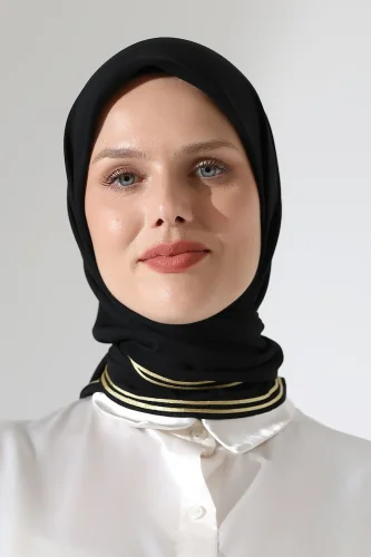 Tesettür Biyeli Bürümcük Düz Şifon Eşarp - Siyah - 3