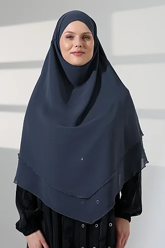 Tesettür Şifon Peçeli Üç Katlı Kısa Sufle Khimar, Pratik Hijab Şal Üçgen Kesim - Antrasit - 1
