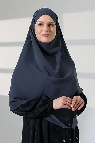 Tesettür Şifon Peçeli Üç Katlı Kısa Sufle Khimar, Pratik Hijab Şal Üçgen Kesim - Antrasit - ihvanonline (1)