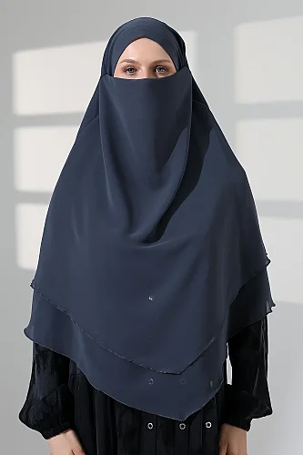 Tesettür Şifon Peçeli Üç Katlı Kısa Sufle Khimar, Pratik Hijab Şal Üçgen Kesim - Antrasit - 3
