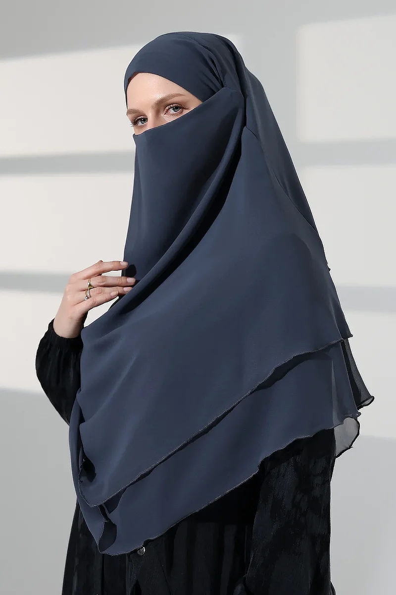 Tesettür Şifon Peçeli Üç Katlı Kısa Sufle Khimar, Pratik Hijab Şal Üçgen Kesim - Antrasit - 5