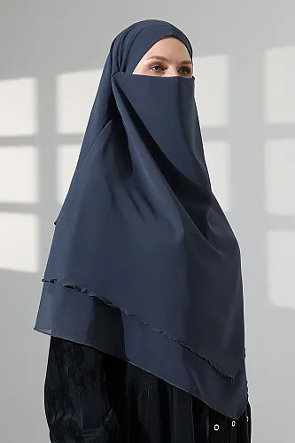 Tesettür Şifon Peçeli Üç Katlı Kısa Sufle Khimar, Pratik Hijab Şal Üçgen Kesim - Antrasit - 6
