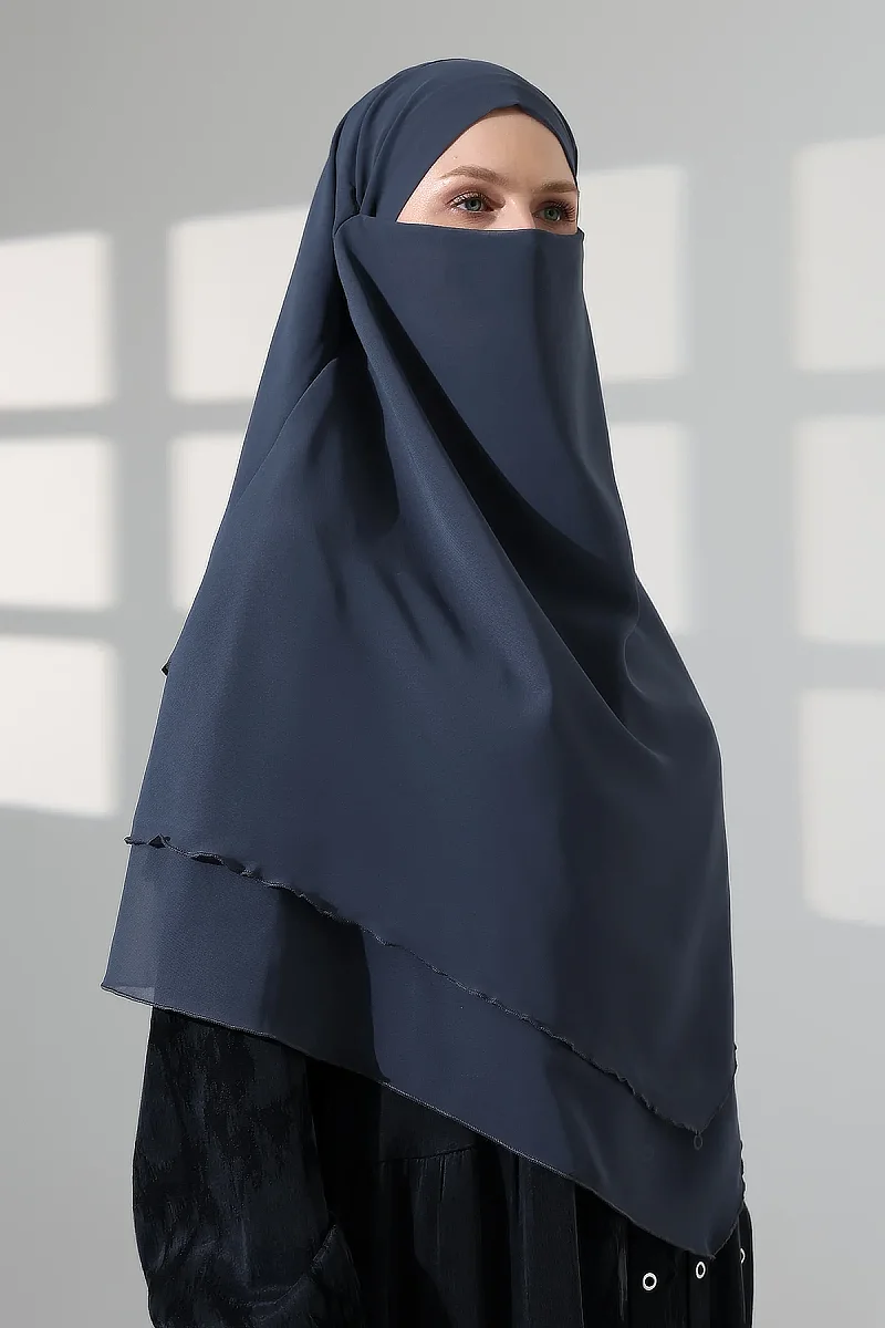 Tesettür Şifon Peçeli Üç Katlı Kısa Sufle Khimar, Pratik Hijab Şal Üçgen Kesim - Antrasit - 6