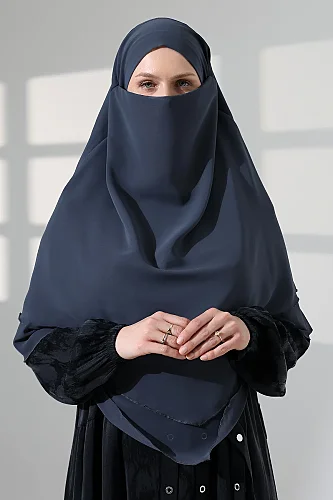 Tesettür Şifon Peçeli Üç Katlı Kısa Sufle Khimar, Pratik Hijab Şal Üçgen Kesim - Antrasit - 7