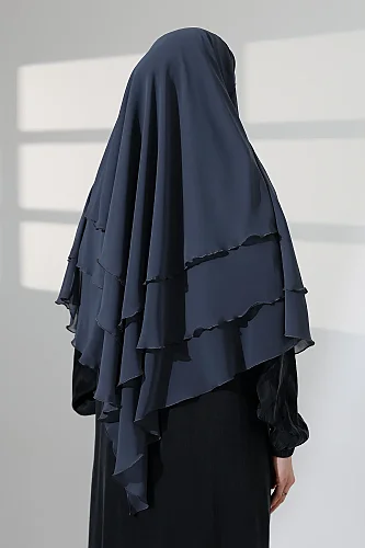 Tesettür Şifon Peçeli Üç Katlı Kısa Sufle Khimar, Pratik Hijab Şal Üçgen Kesim - Antrasit - 8