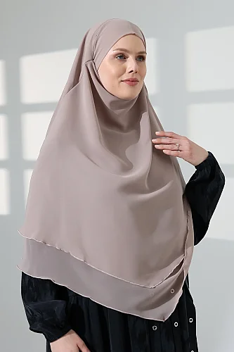 Tesettür Şifon Peçeli Üç Katlı Kısa Sufle Khimar, Pratik Hijab Şal Üçgen Kesim - Bej - 3