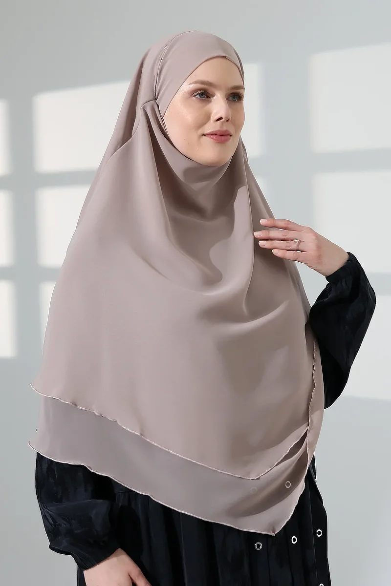 Tesettür Şifon Peçeli Üç Katlı Kısa Sufle Khimar, Pratik Hijab Şal Üçgen Kesim - Bej - 3