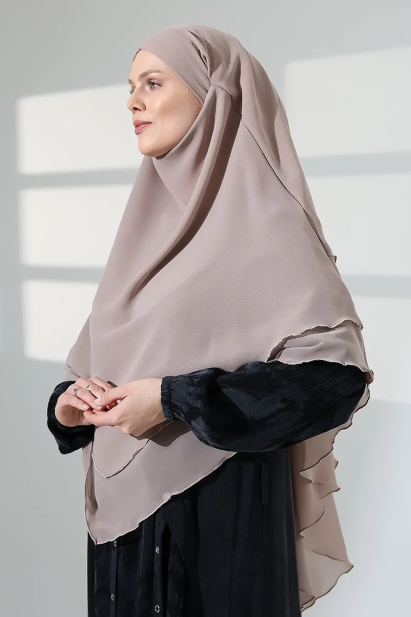 Tesettür Şifon Peçeli Üç Katlı Kısa Sufle Khimar, Pratik Hijab Şal Üçgen Kesim - Bej - 5