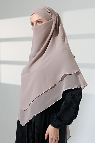 Tesettür Şifon Peçeli Üç Katlı Kısa Sufle Khimar, Pratik Hijab Şal Üçgen Kesim - Bej - 6