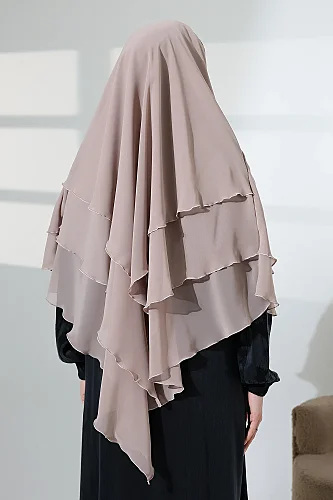Tesettür Şifon Peçeli Üç Katlı Kısa Sufle Khimar, Pratik Hijab Şal Üçgen Kesim - Bej - 8