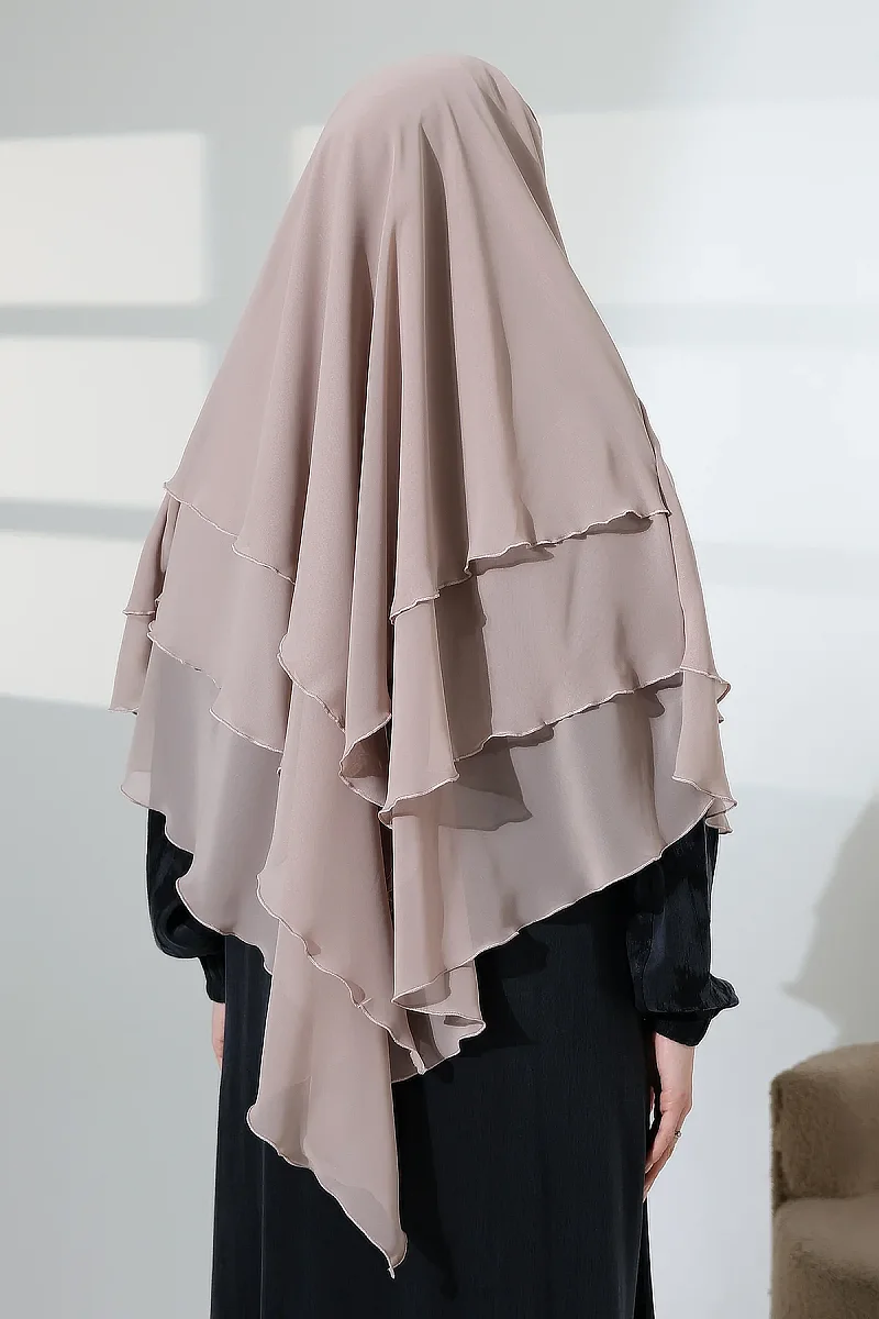Tesettür Şifon Peçeli Üç Katlı Kısa Sufle Khimar, Pratik Hijab Şal Üçgen Kesim - Bej - 8