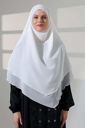 Tesettür Şifon Peçeli Üç Katlı Kısa Sufle Khimar, Pratik Hijab Şal Üçgen Kesim - Beyaz 
