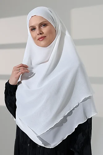 Tesettür Şifon Peçeli Üç Katlı Kısa Sufle Khimar, Pratik Hijab Şal Üçgen Kesim - Beyaz - ihvanonline (1)