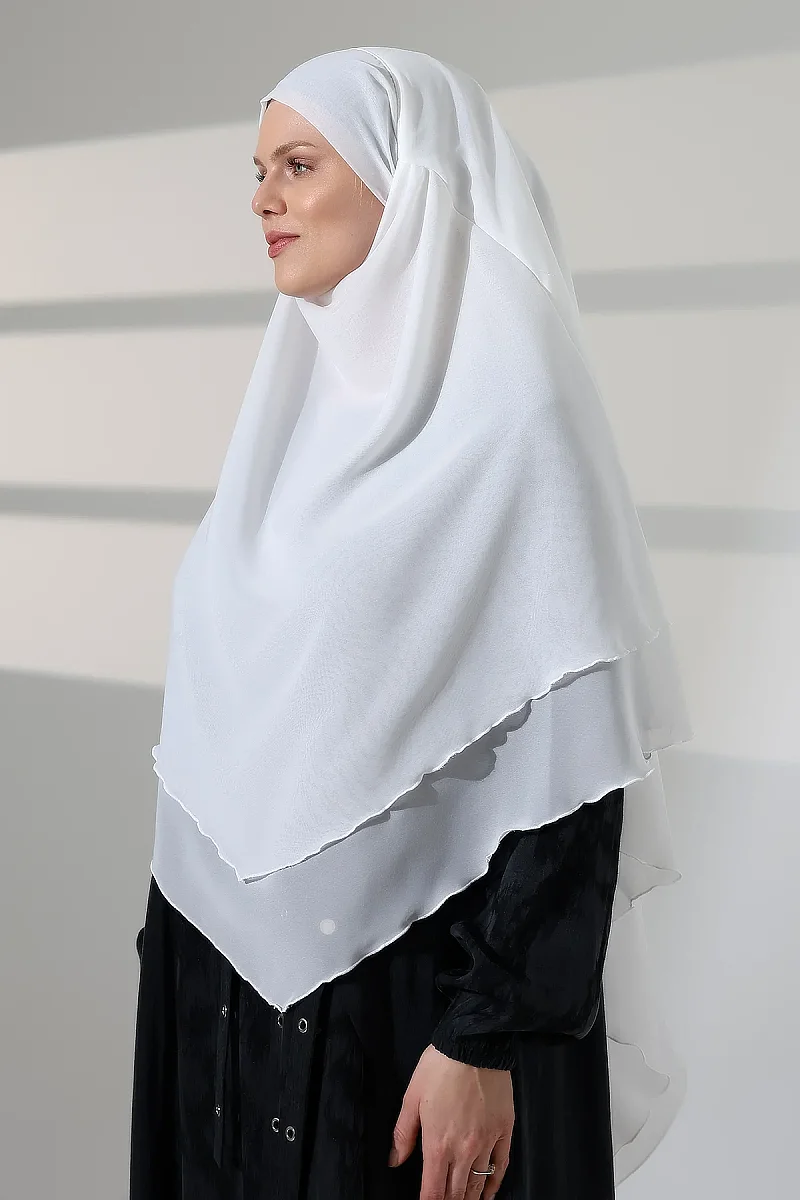 Tesettür Şifon Peçeli Üç Katlı Kısa Sufle Khimar, Pratik Hijab Şal Üçgen Kesim - Beyaz - 3
