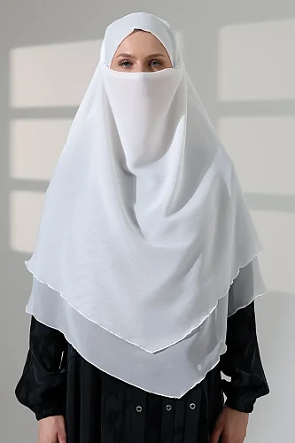 Tesettür Şifon Peçeli Üç Katlı Kısa Sufle Khimar, Pratik Hijab Şal Üçgen Kesim - Beyaz - 4
